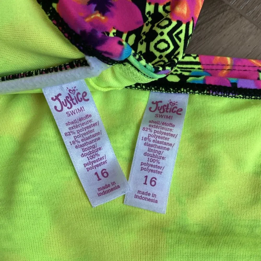 Justice Bandeau Bikini Top & Bottom Girls Sz 16 Yellow Black Tropical Floral